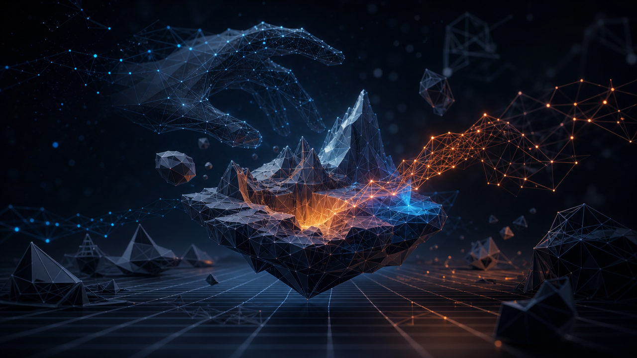 Abstract dark composition of low-poly wireframe shapes connected by glowing neural-network nodes, evoking AI-assisted game development